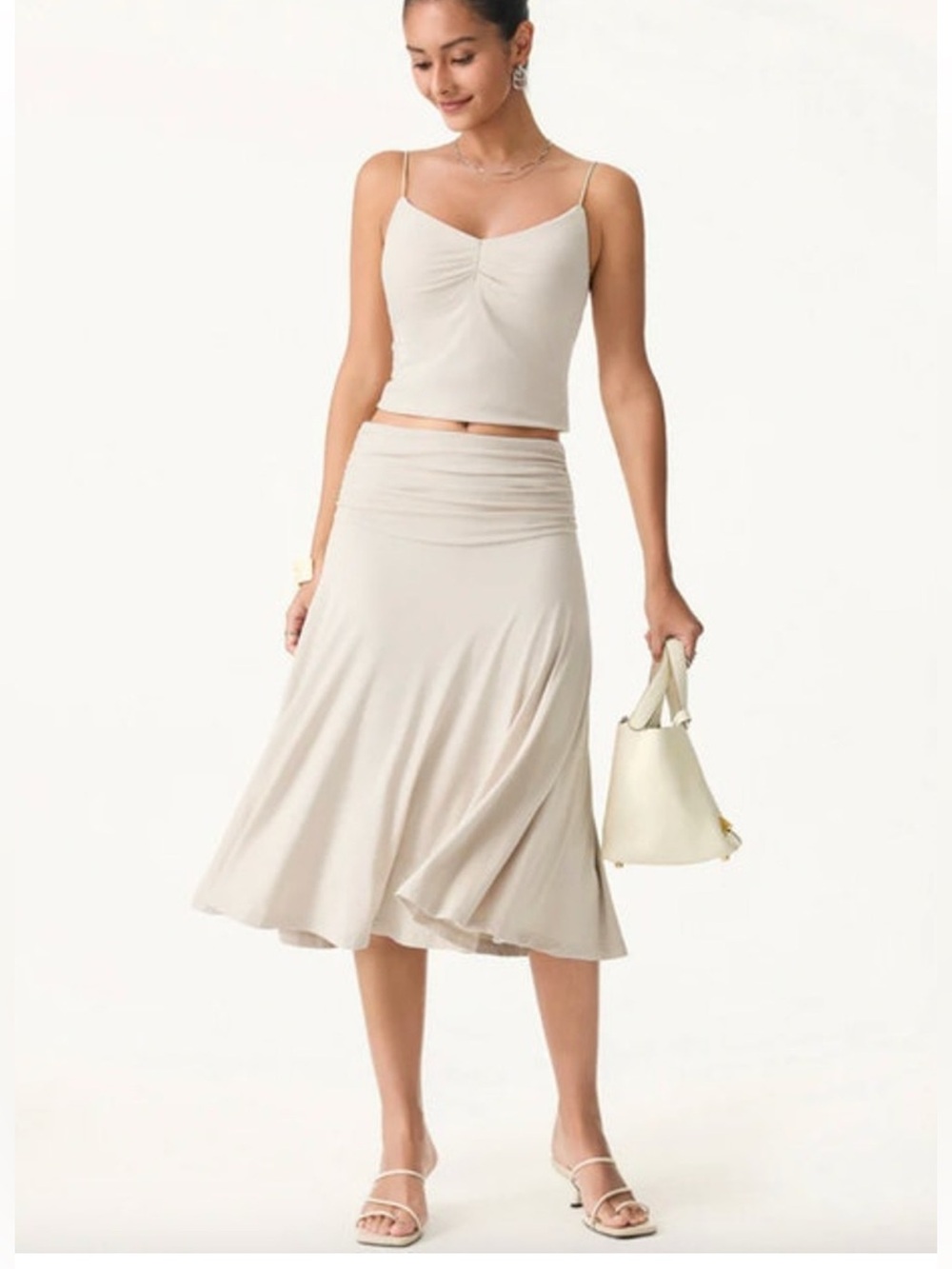 OGL Skirt Size Flowy Side Ruched A-line Midi Skirt Fog Cream Eco-SkinKiss
